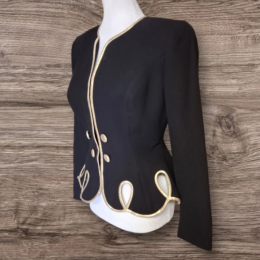Vintage Rimini Black with Gold Trim Long Sleeve Blazer   Women Size 4 - Picture 4 of 16